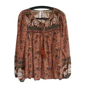 Womens Rust Colored Floral Top Sz L Puff Long Sleeves Festival Boho Fairy Flowy